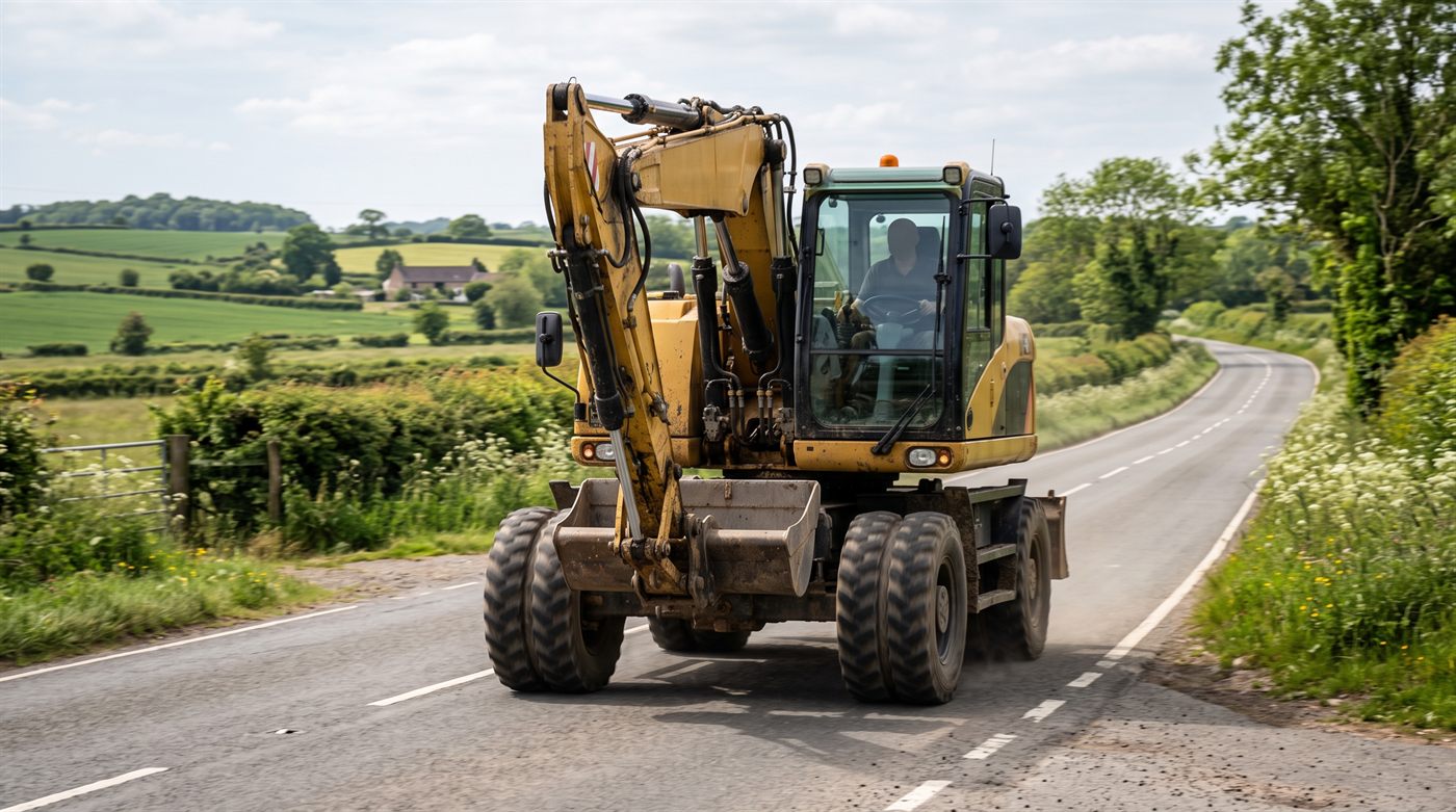 Une pelle sur pneus circulant sur une route de campagne, flèche repliée et stabilisateurs relevés, entre deux chantiers.