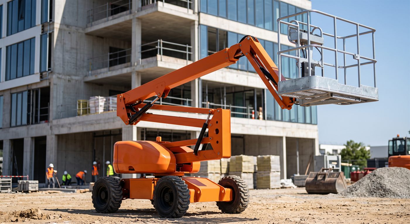 Une nacelle élévatrice automotrice orange à quatre roues, bras articulé déployé portant en bout un panier de travail en acier galvanisé avec ses garde-corps et son plancher. Bâtiment en construction à l'arrière-plan.