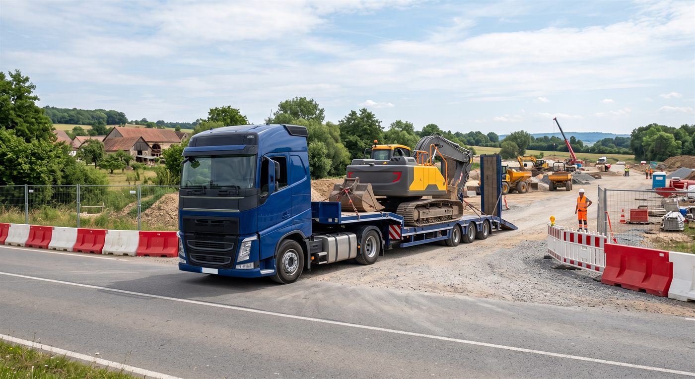 Un porte-engins à plateau surbaissé, une pelle sur chenilles arrimée par des chaînes, rampes relevées à l'arrière, stationné à l'entrée d'un chantier au bord de la route.
