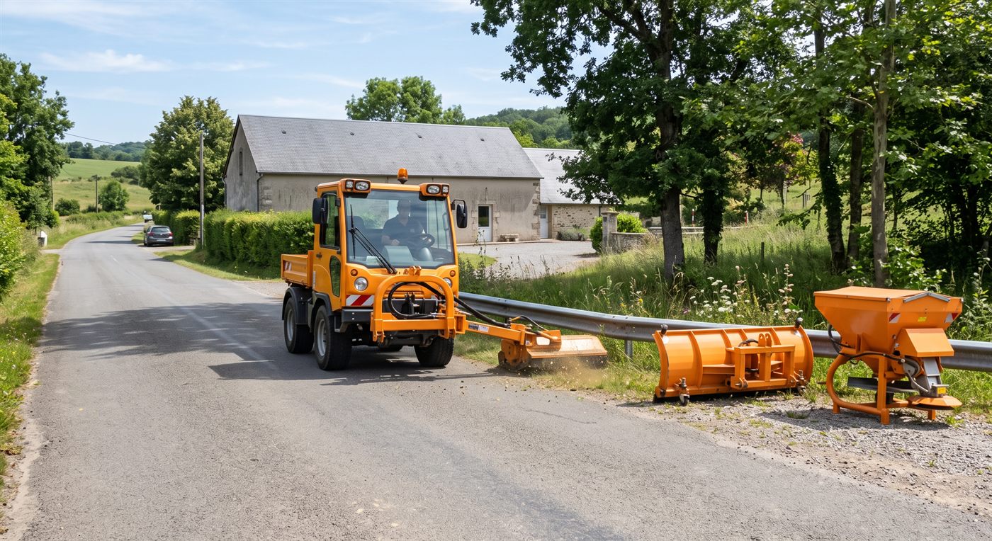 Un porte-outils communal orange fauchant l'accotement derrière une glissière, l'herbe volant sous la tête de coupe latérale ; posés au bord de la route, une lame à neige et un épandeur attendent leur tour.