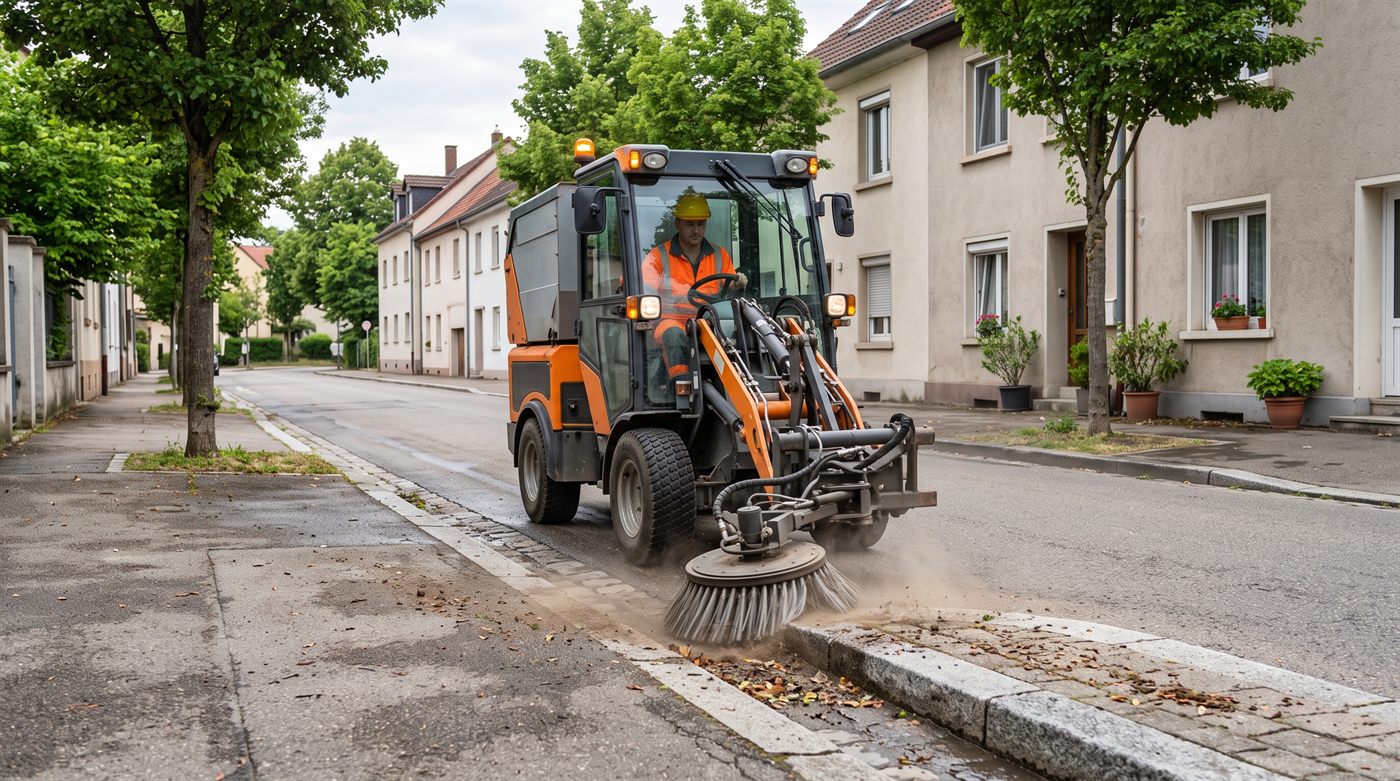 Un porte-outils communal en voirie urbaine, son balai frontal au travail le long d'un trottoir.