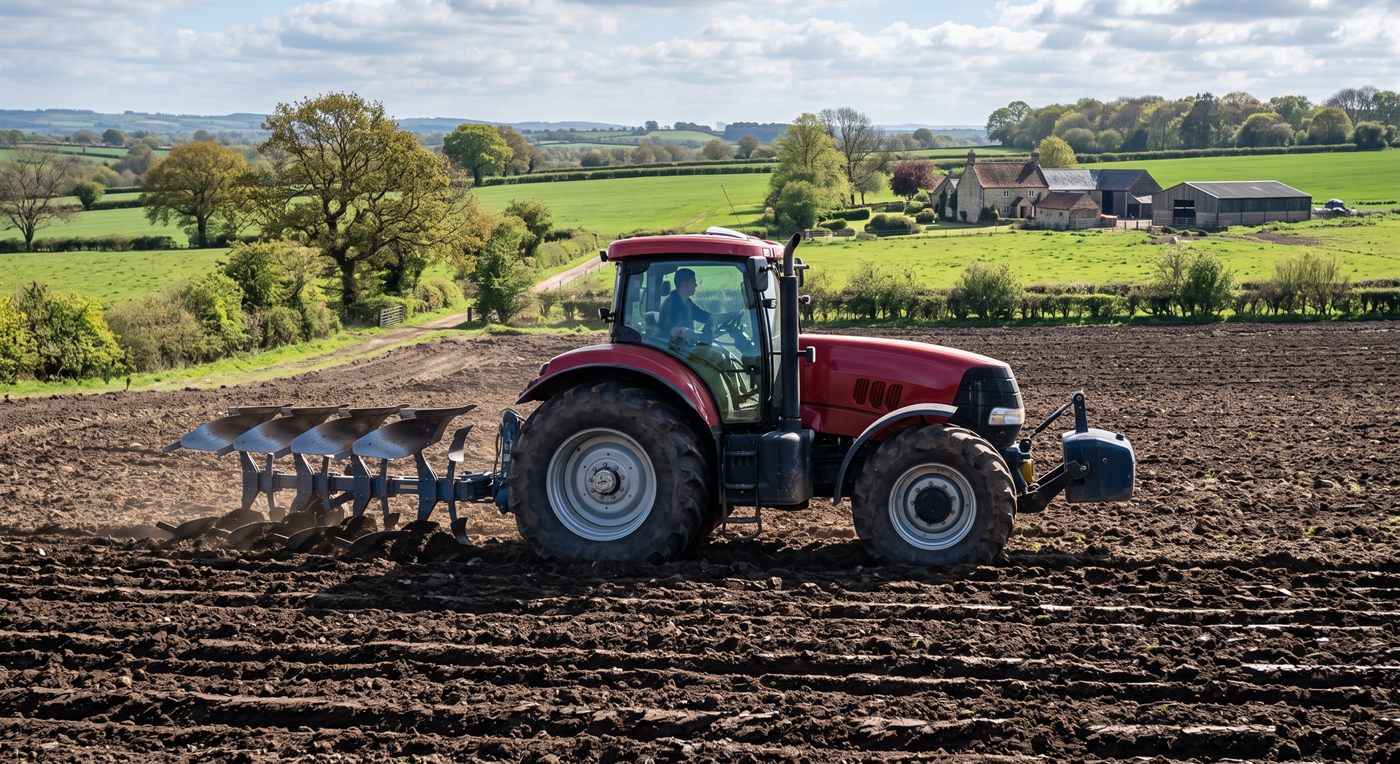 Un tracteur agricole attelé à une charrue, labourant un champ dans une campagne bocagère ; la ferme et ses bâtiments se voient à l'arrière-plan.