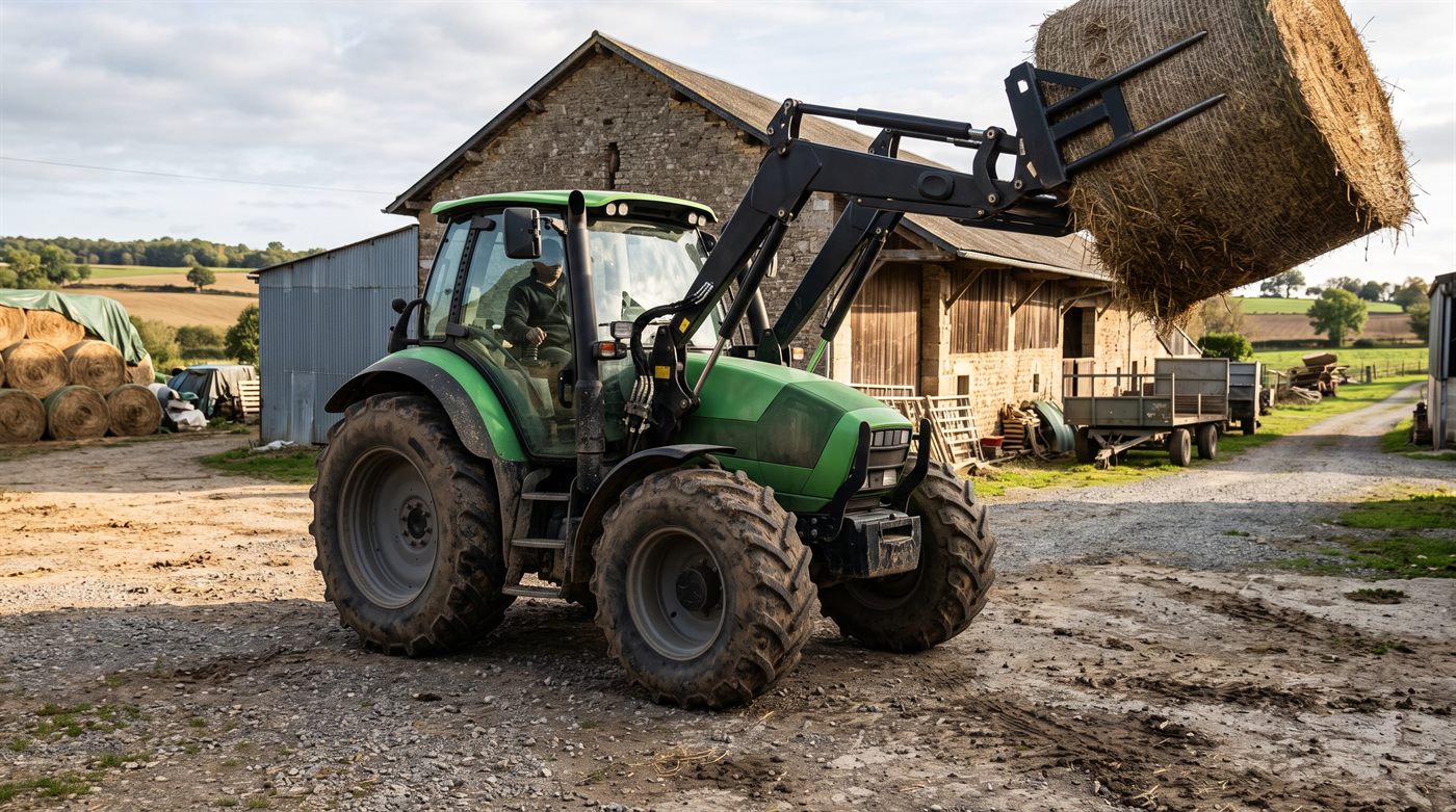 Un tracteur agricole équipé d'un chargeur frontal soulevant une botte ronde de paille, dans une cour de ferme.