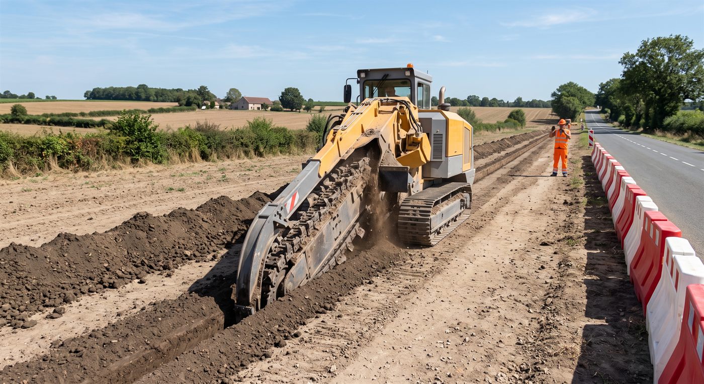 Une trancheuse automotrice sur chenilles ouvrant une tranchée continue le long d'une route de campagne, sa chaîne à dents engagée dans le sol et le cordon de déblai rejeté sur le côté.
