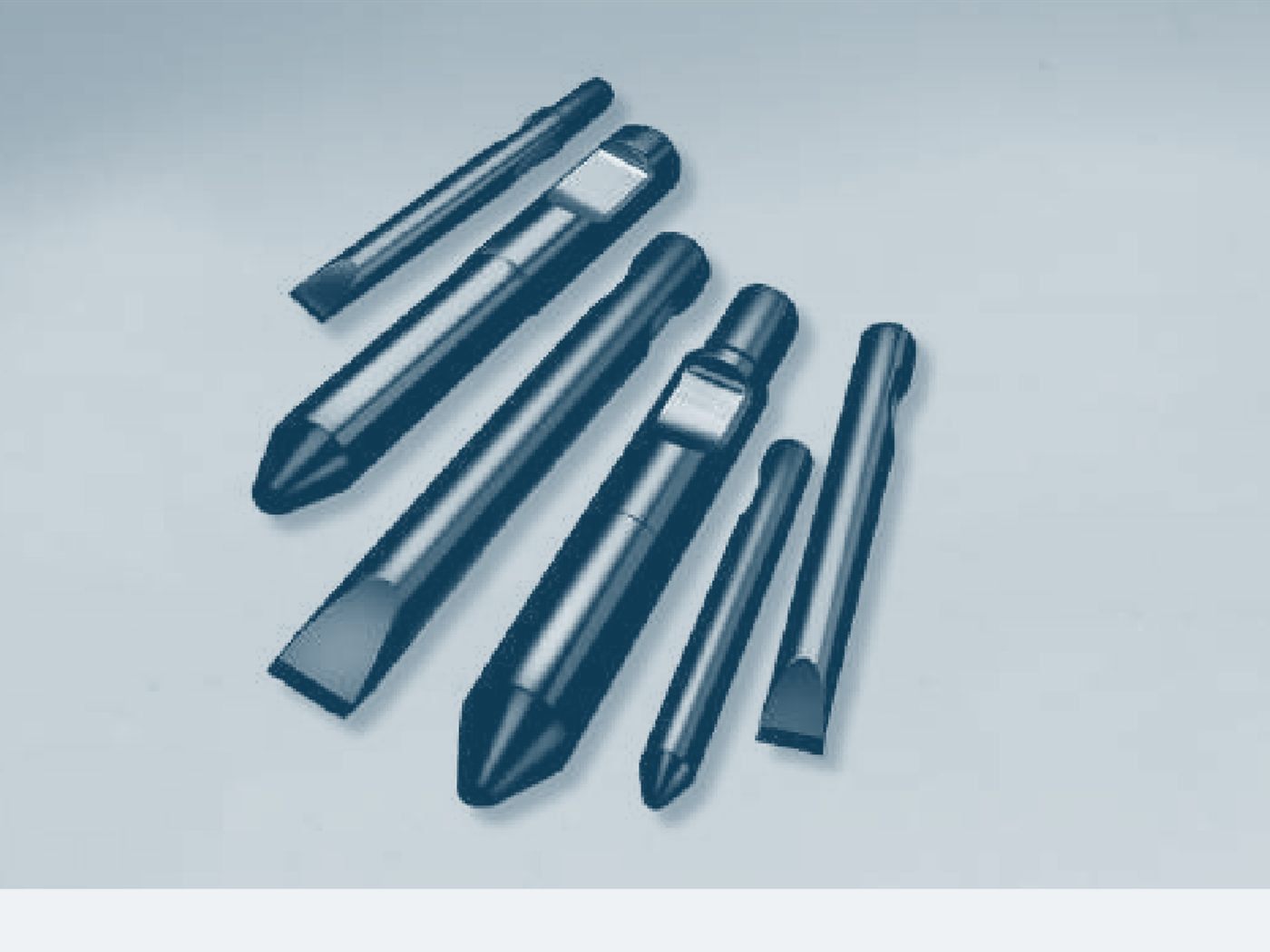 Six breaker points and chisels set side by side: conical points, flat chisels and wide chisels, of different lengths