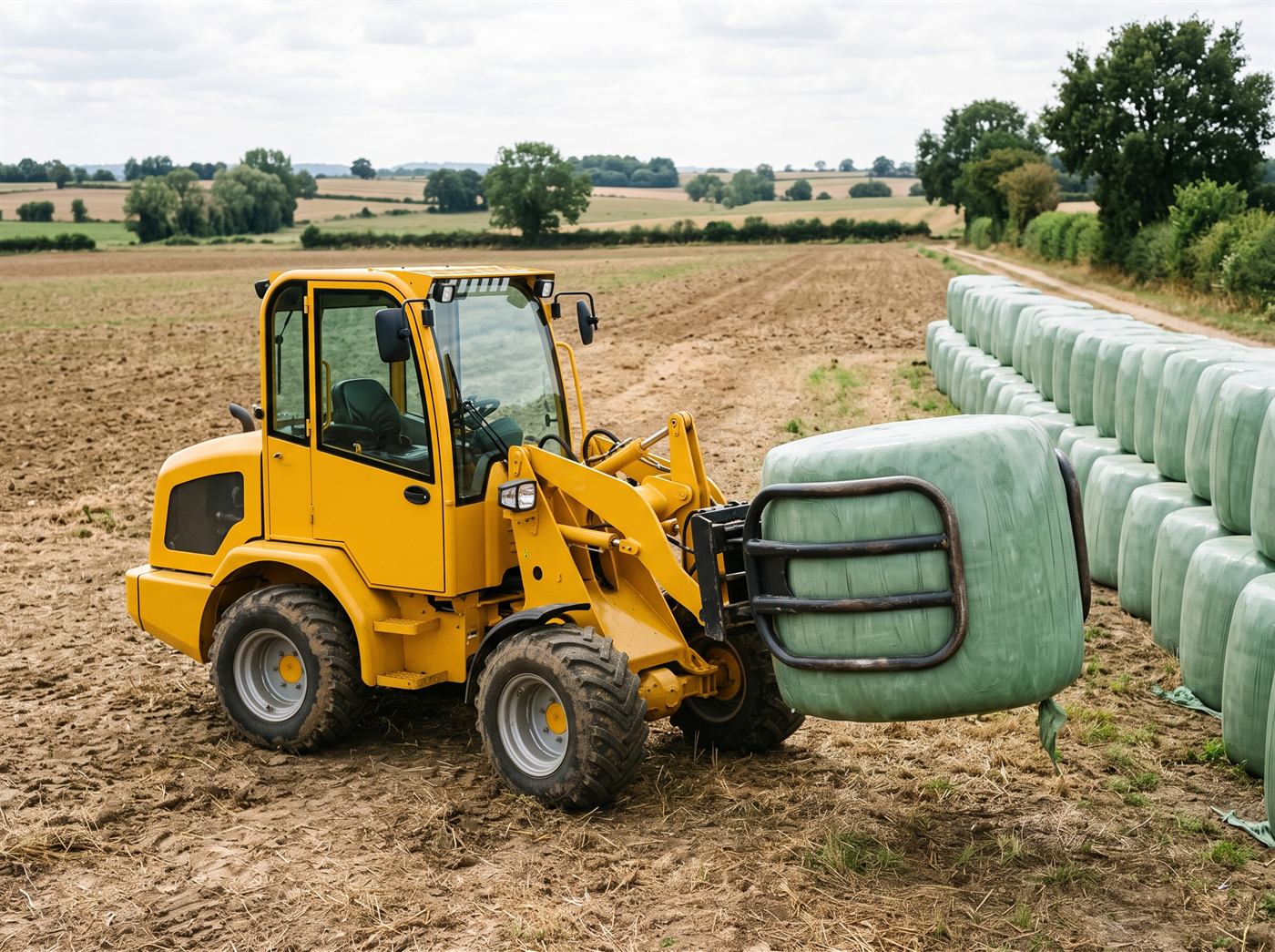 Une chargeuse agricole saisit une balle ronde enrubannée de film vert entre les deux bras courbes d'une pince, devant une rangée de balles alignées au bord d'un champ ; personne n'est visible.