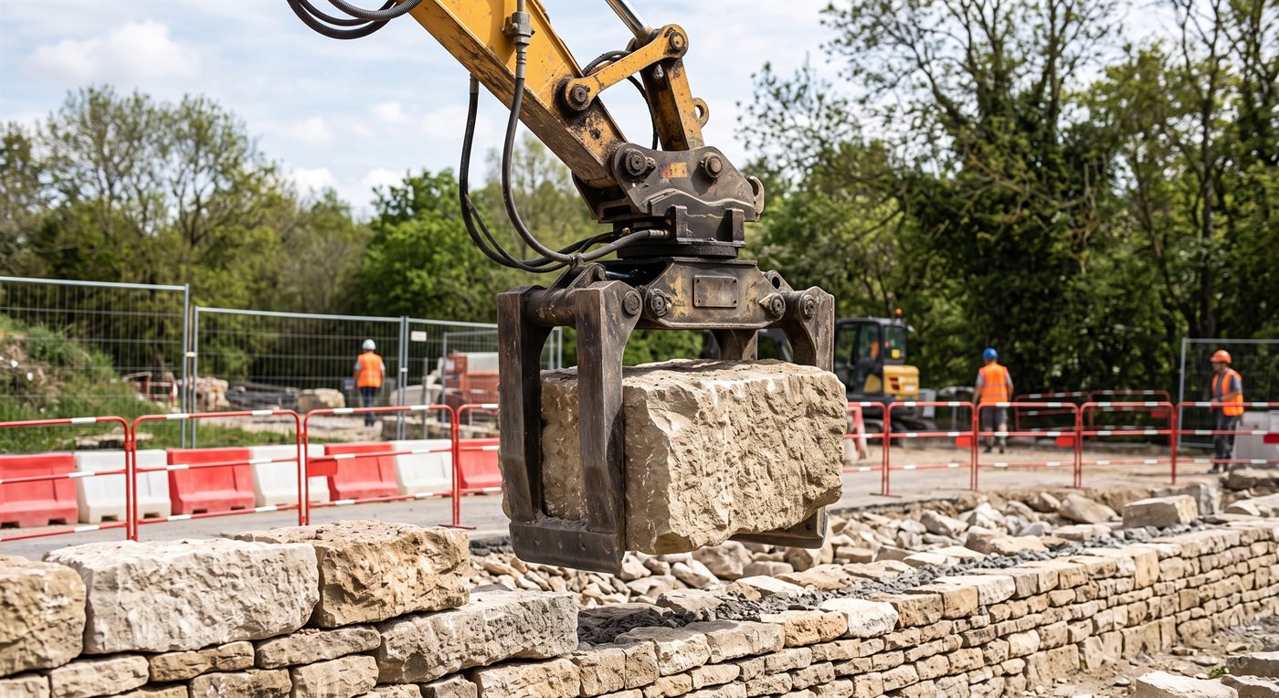 Deux mors plats serrant un bloc de pierre taillée par ses côtés, en train de le poser sur un mur en pierre sèche en construction. Aucune élingue, et les ouvriers se tiennent derrière les barrières, loin de la charge.