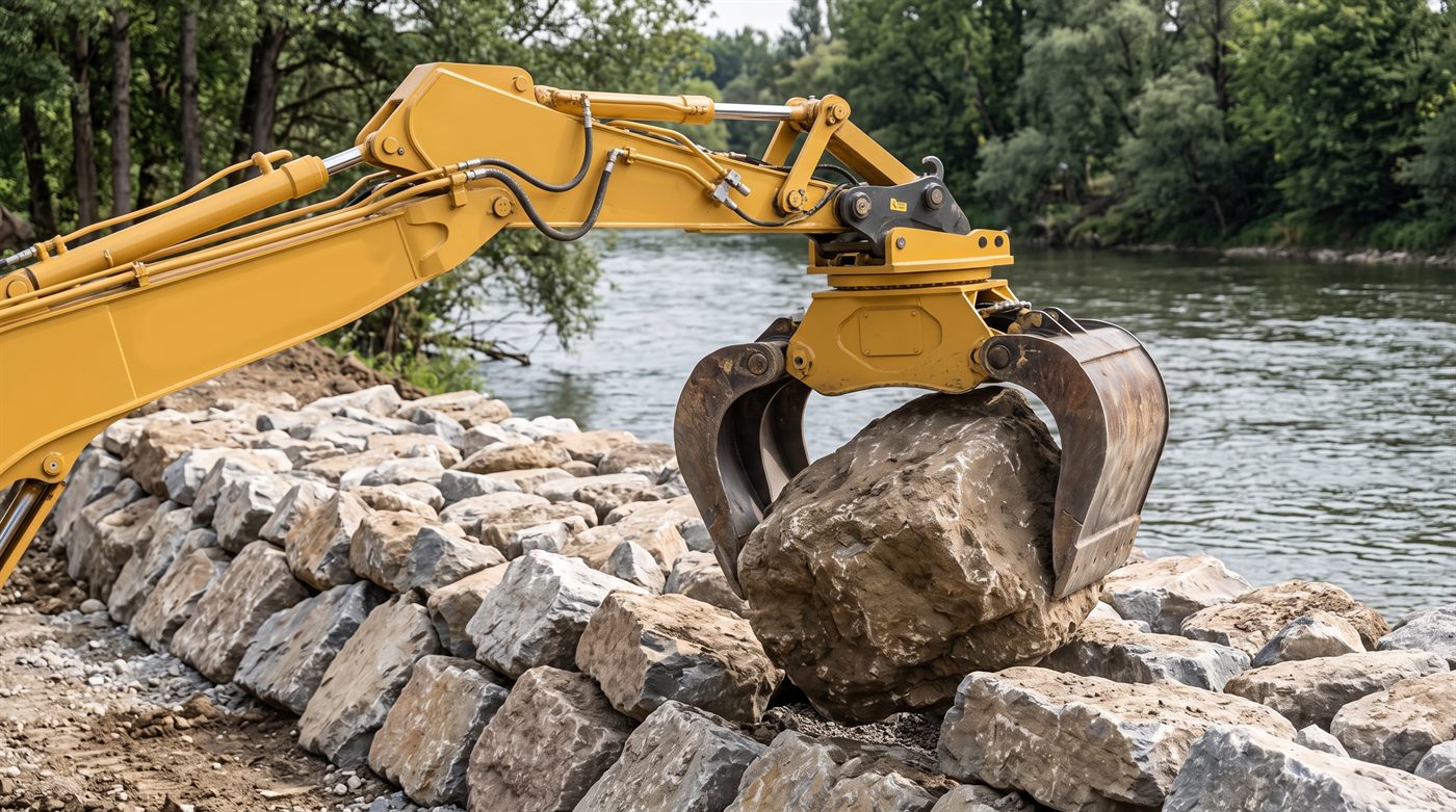 Des mâchoires à griffes ancrées dans un bloc de roche naturelle irrégulier, en train de le poser sur un perré de berge en cours de montage, le long d'une rivière.