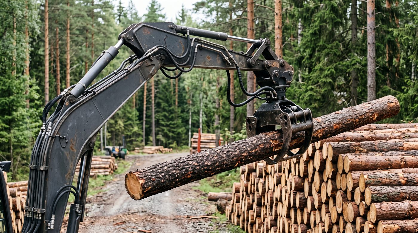 Une pince serrée sur une seule grume, au-dessus d'une pile de bois alignée, en forêt ; le rotateur est visible au-dessus des bras de serrage.