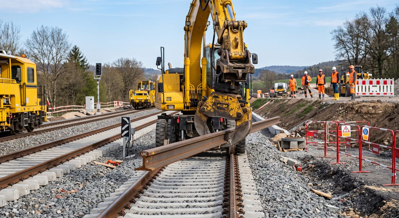 Une pelle rail-route saisissant par son profil un rail de chemin de fer et le soulevant au-dessus de la voie ; ballast, traverses béton, et les ouvriers se tiennent derrière les barrières, à distance de la charge.