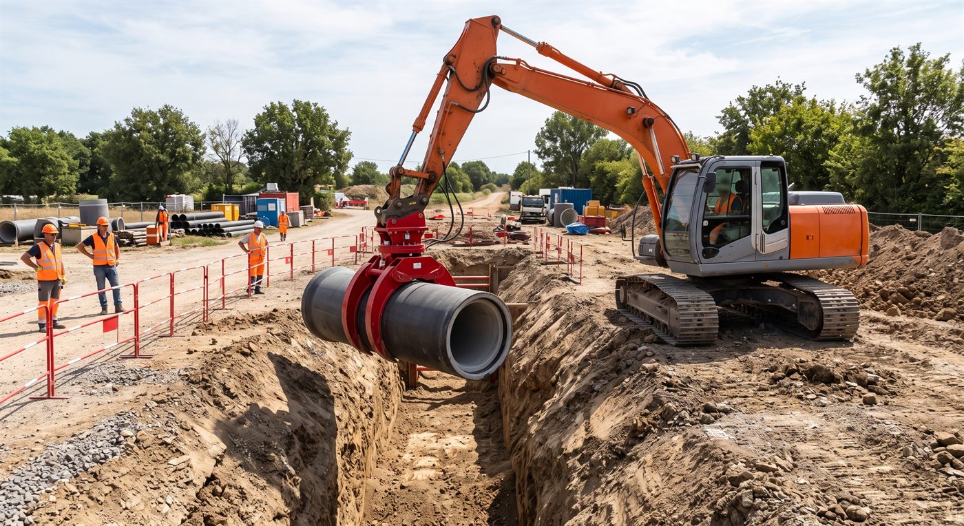 Des mâchoires incurvées épousant la courbe d'un gros tuyau de canalisation, présenté au-dessus d'une tranchée ouverte ; le fond de fouille est vide, et les ouvriers sont derrière les barrières.