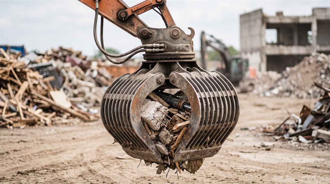 Pince de tri hydraulique refermée sur un mélange de béton et de bois, sur un chantier de démolition
