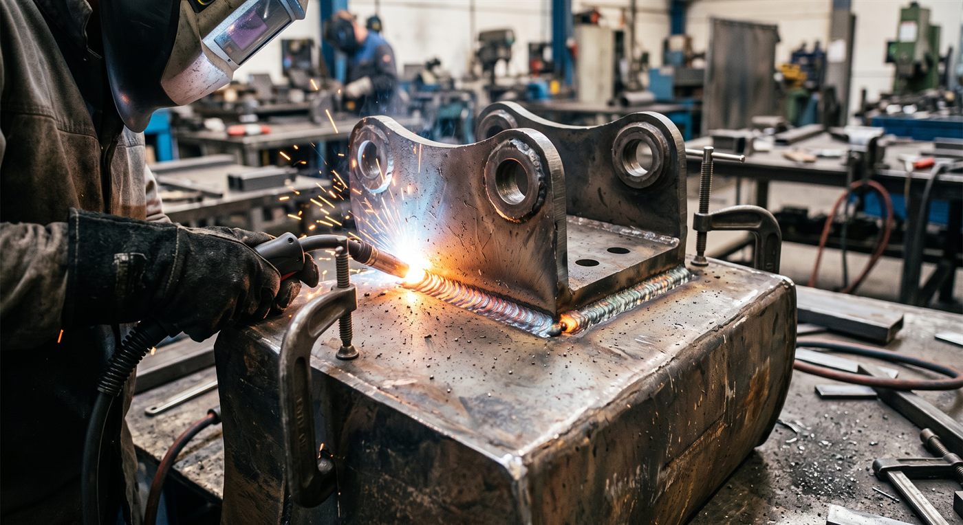 Un soudeur casqué soudant une platine à oreilles percées sur le dos d'un outil, torche en main, le cordon de soudure fraîche visible avec ses écailles ; serre-joints en place, atelier flou derrière.