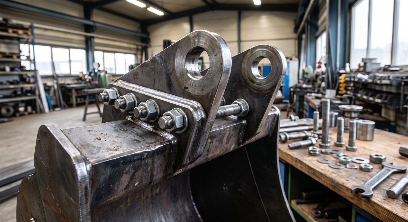 Une platine de montage boulonnée sur le dos d'un godet : une rangée de boulons zingués avec leurs écrous, deux oreilles percées pour les axes, et la boulonnerie et les clés posées sur l'établi à côté.