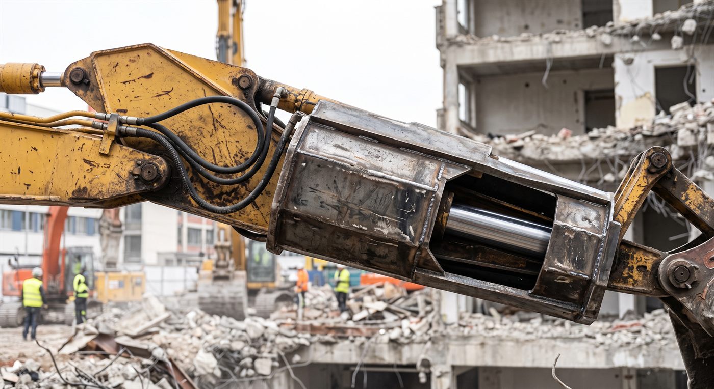 Un berceau métallique enveloppant le vérin d'équipement d'une machine de démolition ; la tige polie reste visible dans l'ouverture du capot, protégée sur toute sa course.