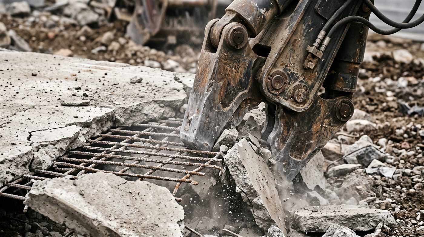 La mâchoire courte et dentée d'un pulvériseur serrant une dalle de béton armé : le béton se détache par plaques et tombe, laissant apparaître le treillis d'armature intact dessous.