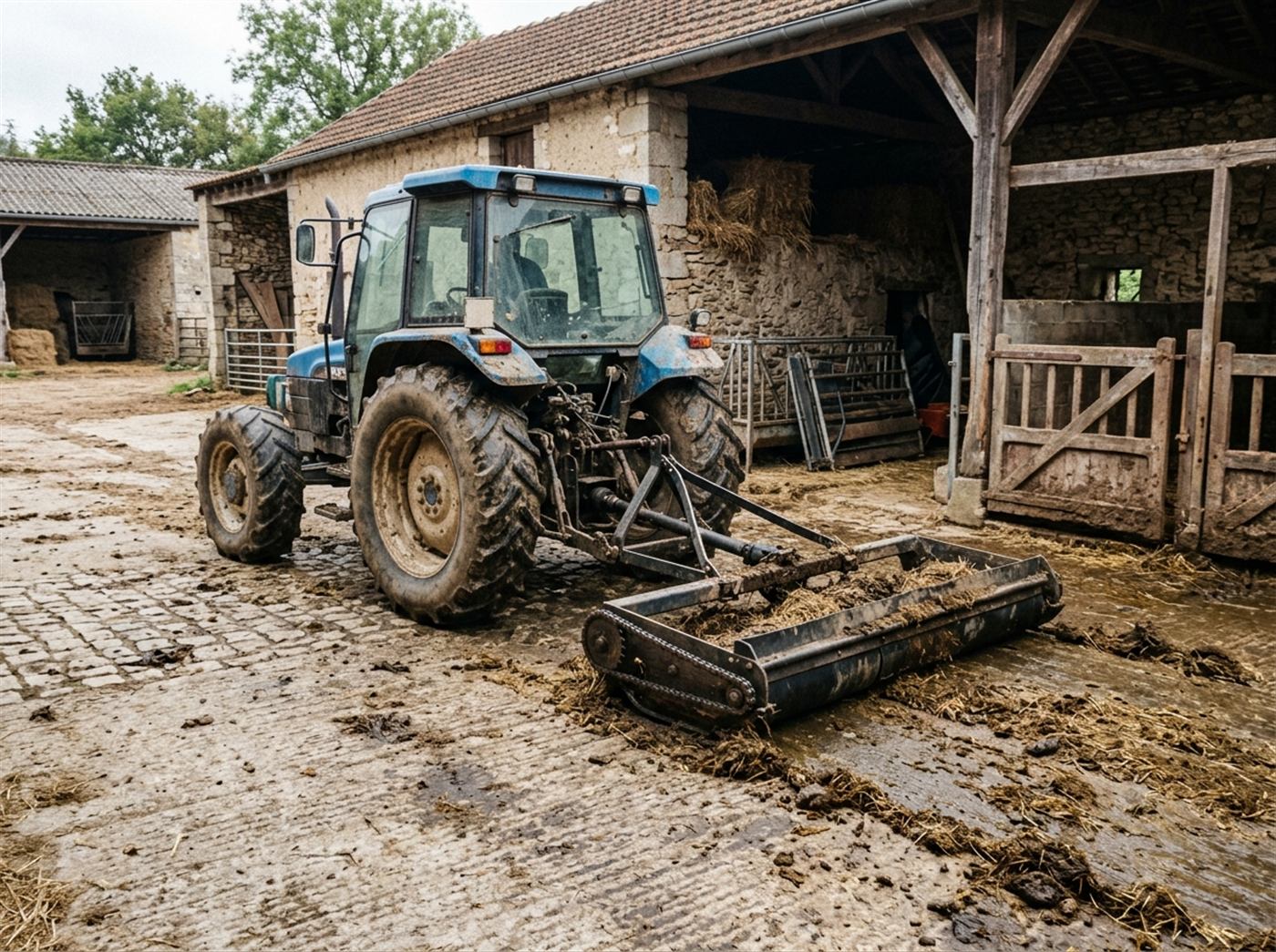 Un tracteur tire un racloir souple sur le sol d'une étable ; le racloir épouse les irrégularités du sol sans les marquer.