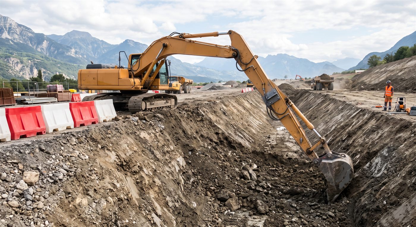 Une pelle dont le balancier porte un tronçon d'extension rapporté, creusant au fond d'une fouille profonde depuis le haut du talus ; montagnes en arrière-plan, barrières de chantier.