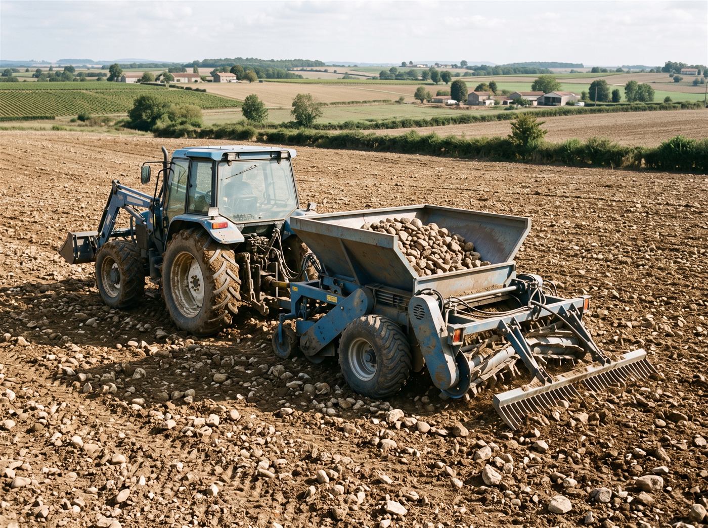 Un tracteur tire une ramasseuse de pierres sur un champ caillouteux ; les pierres de surface sont ramenées vers la trémie, au centre de la machine.