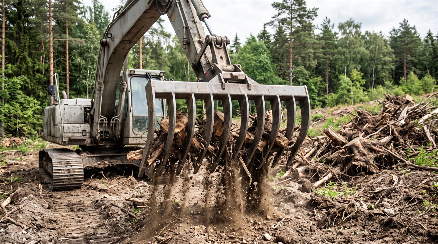 Forestry rake holding stumps and roots while the soil falls back between the tines