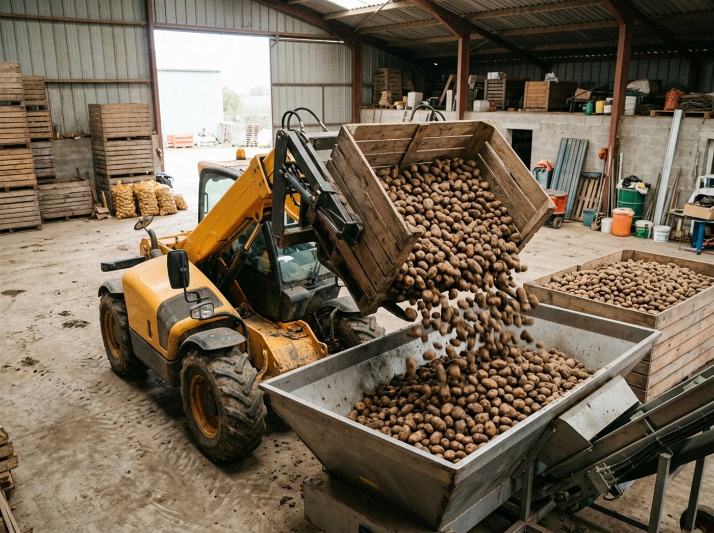 Un chargeur télescopique porte un retourneur de caisses-palettes dans un hangar agricole ; la caisse en bois, tenue par deux fourches et un bras de maintien, est inclinée et déverse des pommes de terre dans une trémie.