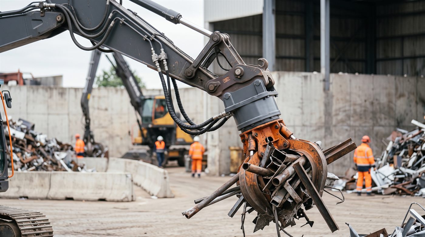 Un rotateur hydraulique intercalé entre l'attache de la machine et un grappin à ferraille, ses flexibles apparents ; la prise est orientée de biais alors que le bras reste dans son axe.