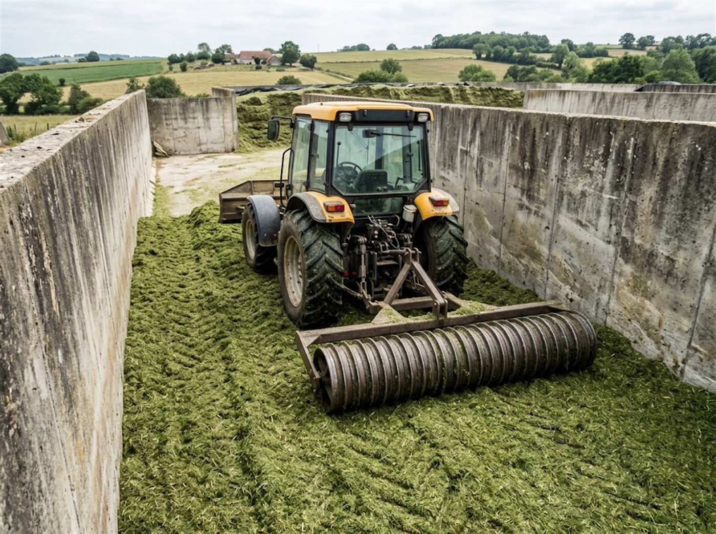 Un tracteur agricole passe sur un silo couloir d'herbe fraîchement ensilée, un rouleau à anneaux d'acier attelé à l'arrière, entre deux murs de béton ; personne n'est visible.