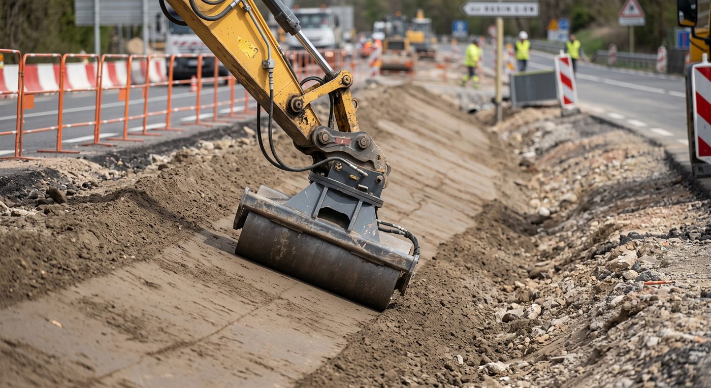Un rouleau lisse porté en bout de bras, en train de fermer un accotement fraîchement réglé le long d'une chaussée en service ; barrières de chantier rouge et blanc, équipe en gilets.
