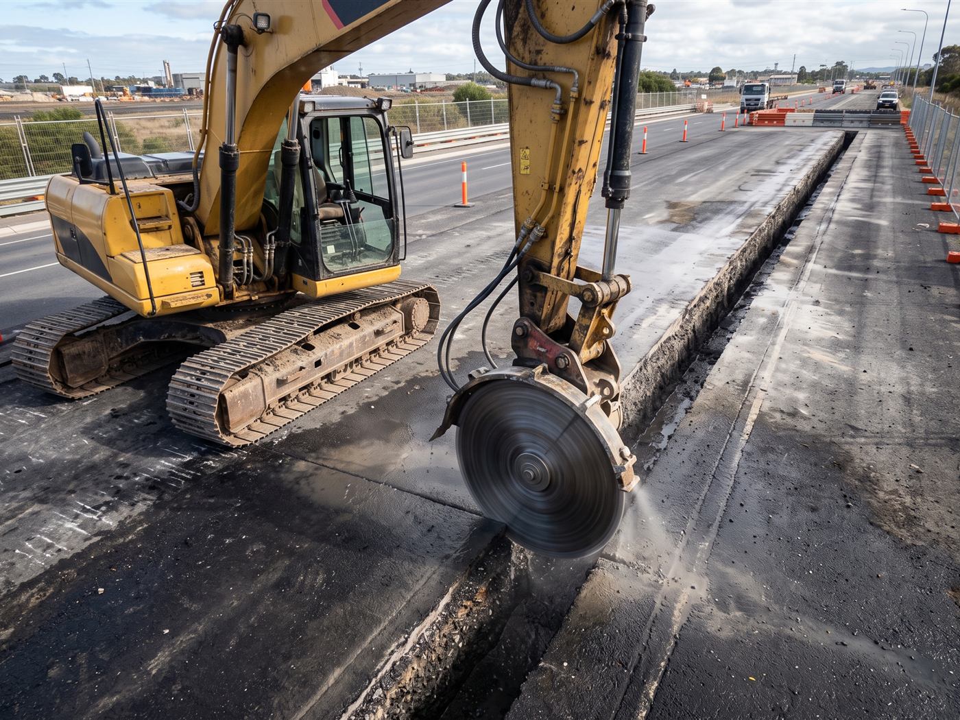 Scie circulaire diamant au bras d'une pelle, disque tranchant l'enrobé d'une chaussée en ligne droite, saignée nette, signalisation de chantier