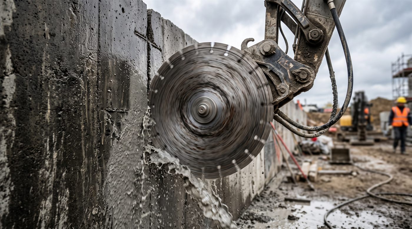 Un disque diamant en rotation engagé dans un mur de béton, le trait de coupe droit ouvert au-dessus de lui, et l'eau de refroidissement ruisselant le long de la paroi.