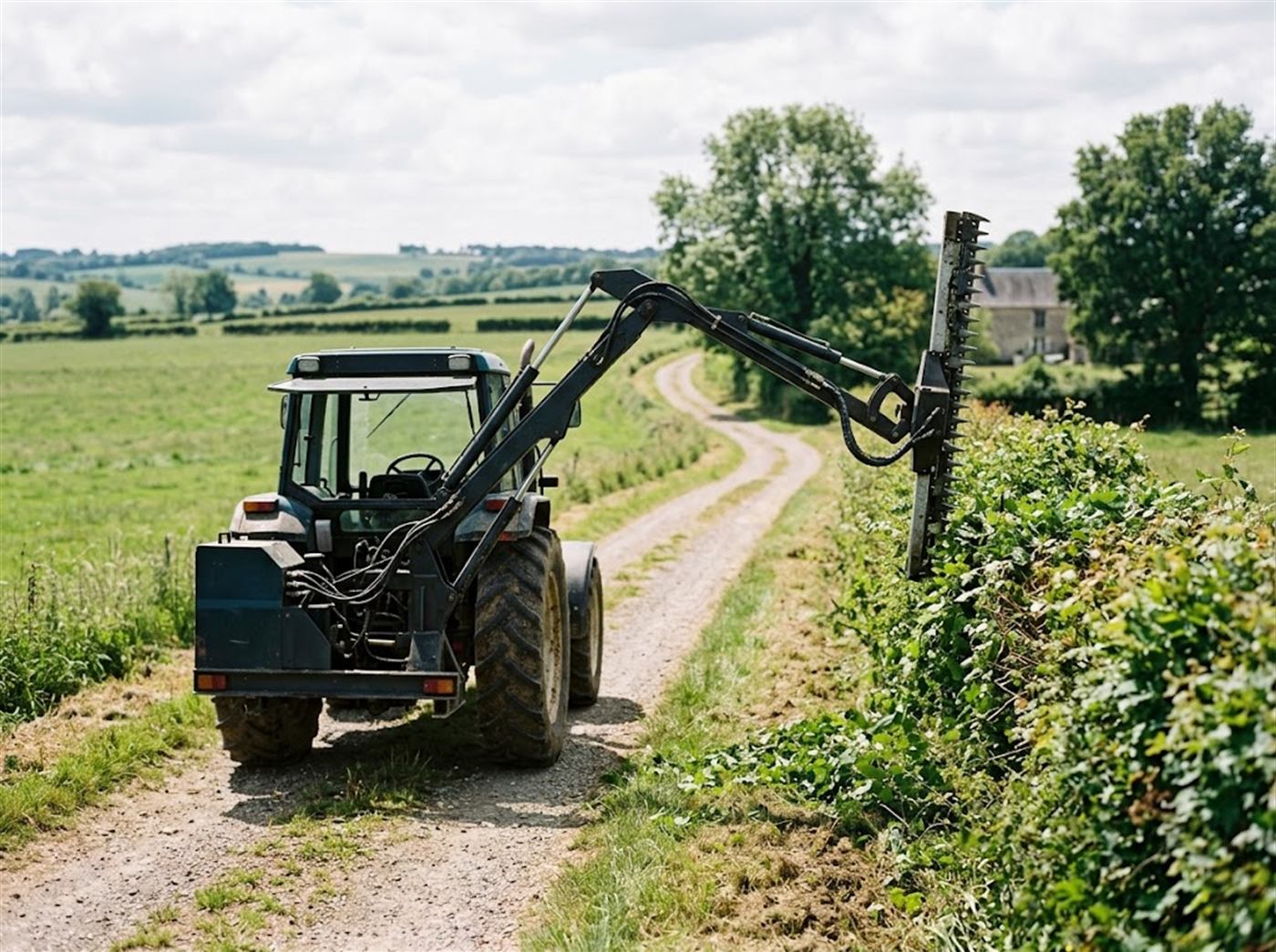 Un tracteur agricole roule au bord d'un chemin rural ; un bras déporté sur le côté tient une barre de coupe inclinée qui taille le dessus d'une haie champêtre ; personne n'est visible.