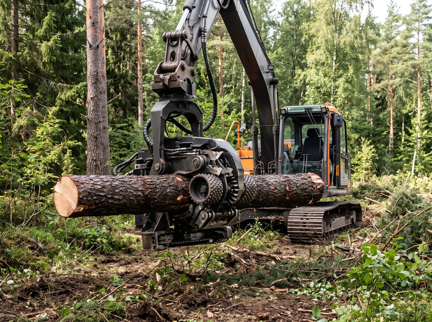 Tête d'abattage tenant un tronc coupé en suspension au-dessus du sol, en sous-bois
