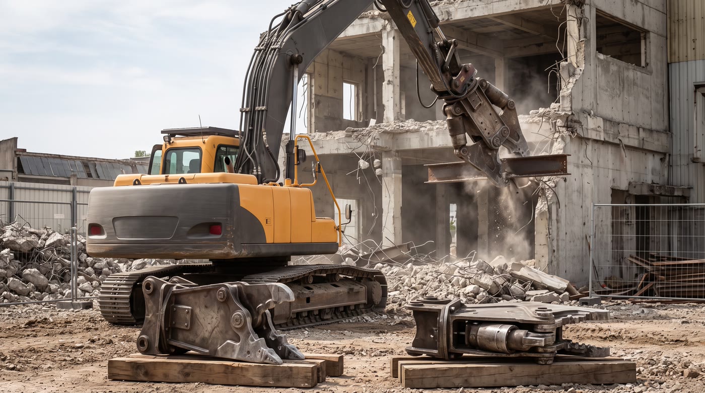 Demolition excavator whose multi-processor cuts a steel beam sticking out of a demolished wall; in the foreground, two other sets of jaws resting on timbers. Synthetic image.