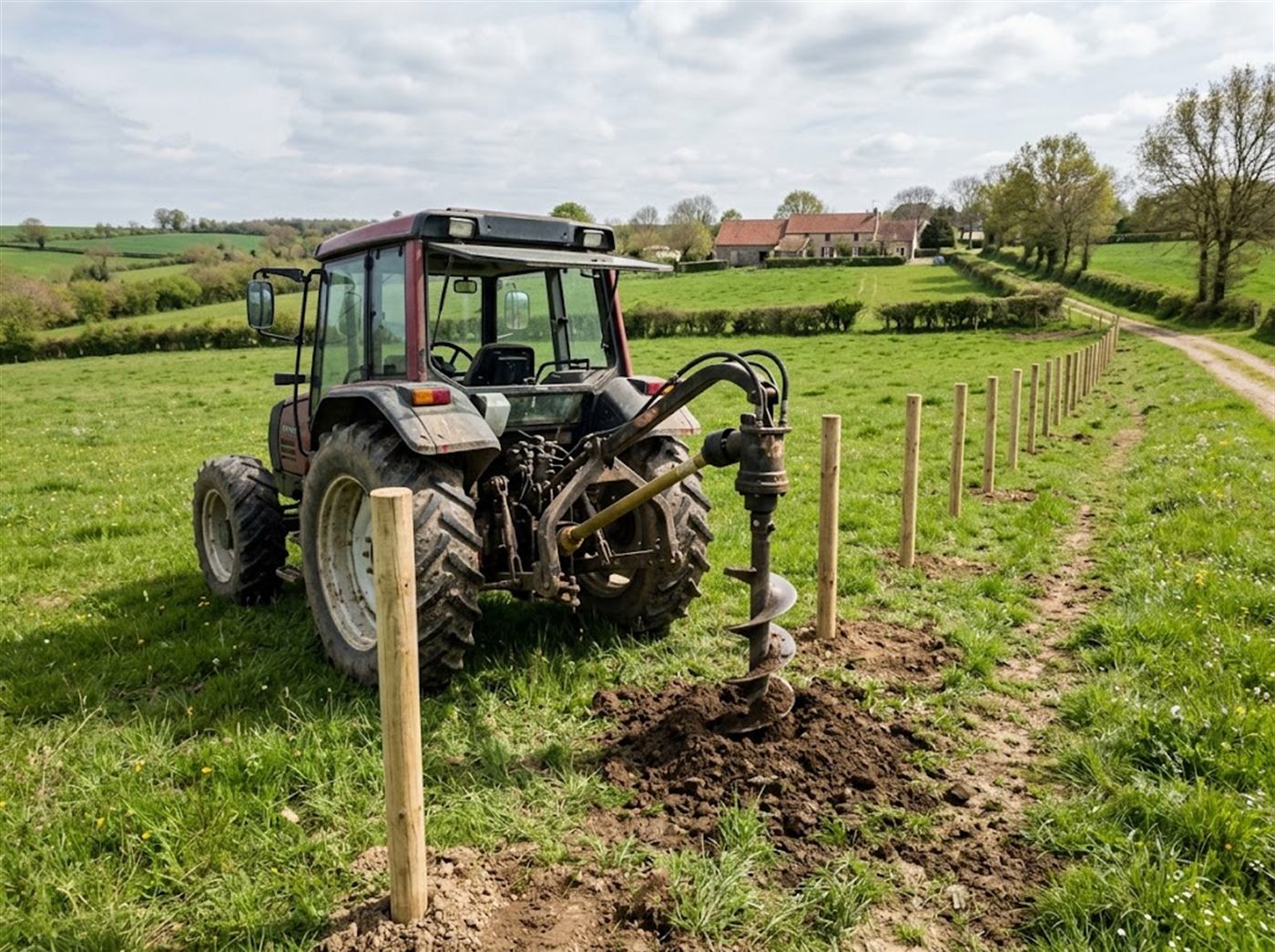Un tracteur agricole perce un trou le long d'une ligne de poteaux de clôture neufs, avec une tarière portée à l'arrière dont la vis entre droit dans la prairie ; personne n'est visible.