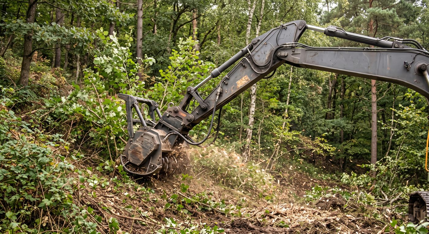 Une tête de broyage à rotor attaquant la végétation d'un dévers boisé, plaquettes projetées qui retombent au sol ; le bras est déployé dans la pente.