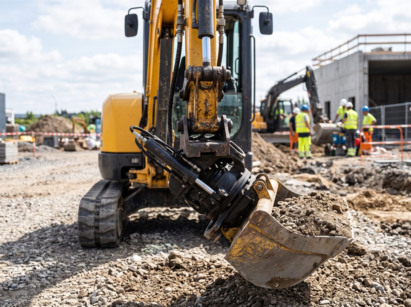 Un tiltrotateur monté en bout de balancier d'une mini-pelle, godet incliné et tourné hors de l'axe de la machine, sur un chantier de bâtiment.