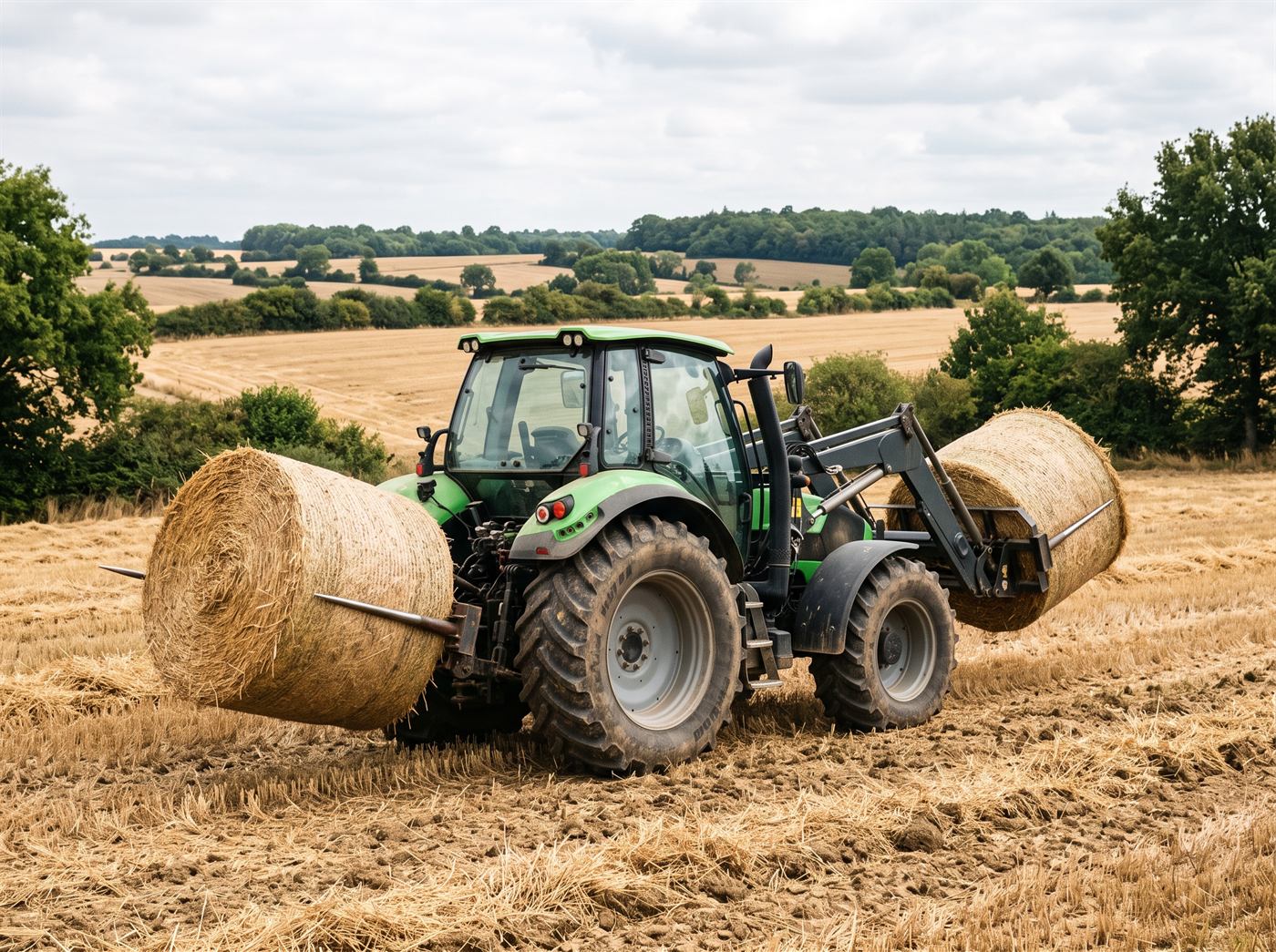 Un tracteur agricole porte à l'arrière, sur son relevage, une balle ronde de paille enfilée sur des dents longues ; à l'avant, son chargeur tient une seconde balle sur un pique-botte, dans un champ moissonné ; personne n'est visible.
