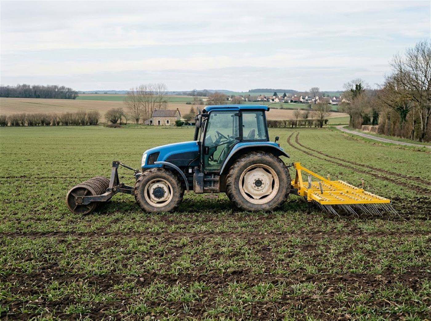 Un tracteur agricole porte à l'avant un rouleau à anneaux et à l'arrière une herse étrille à peignes fins, dans un champ de jeunes céréales en sortie d'hiver ; personne n'est visible.