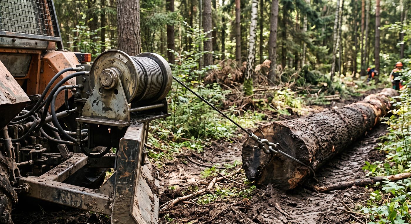 Un treuil hydraulique monté à l'arrière d'un porteur forestier, câble tendu halant une grume posée au sol le long d'une piste ; sous-bois et bûcherons à distance.