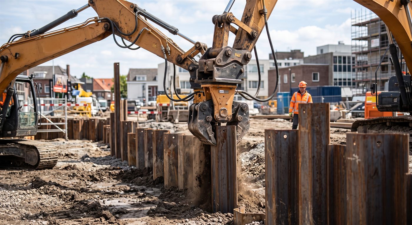 A vibratory driver hanging from the arm, clamps closed on a sheet pile it is driving into the ground; the wall already placed continues step by step, an urban worksite.