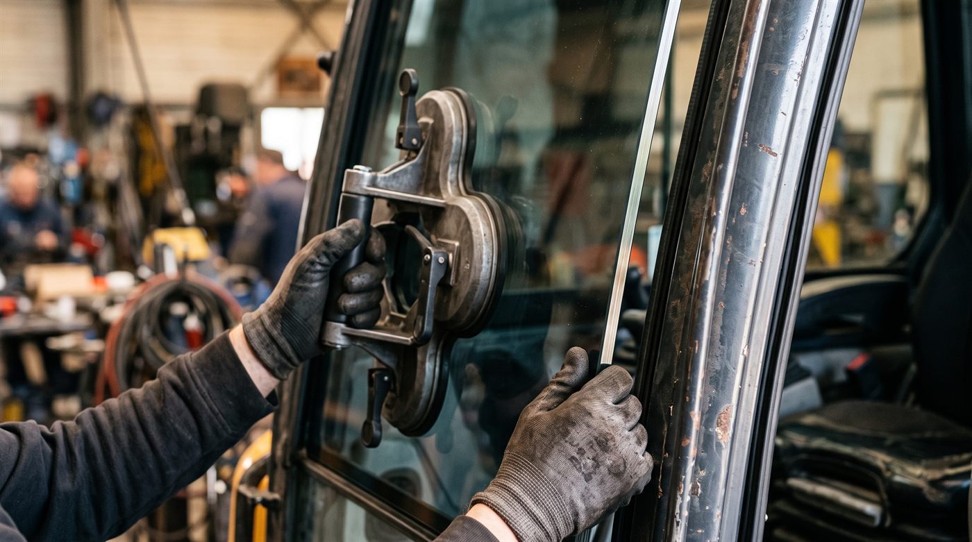 Deux mains gantées reposant un vitrage sur le montant d'une cabine d'engin, à l'aide d'une ventouse à double coupelle, dans un atelier ; l'épaisseur du verre se voit sur la tranche.
